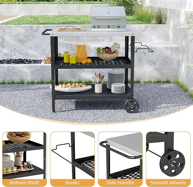 3-Tier Outdoor Grill Table Stainless Steel BBQ Prep Cart with Storage, Rolling Grill Stand for Pizza Oven, Outdoor Kitchen Prep Table with Wheels