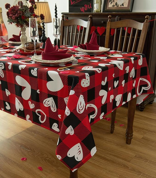 Waterproof Valentine's Day Tablecloth Fabric - Red Oblong 52x70 Inch Classic Buffalo Tartan Festive Table Cloth for Indoor Use - Gingham Table Cover for Dinner, and Parties