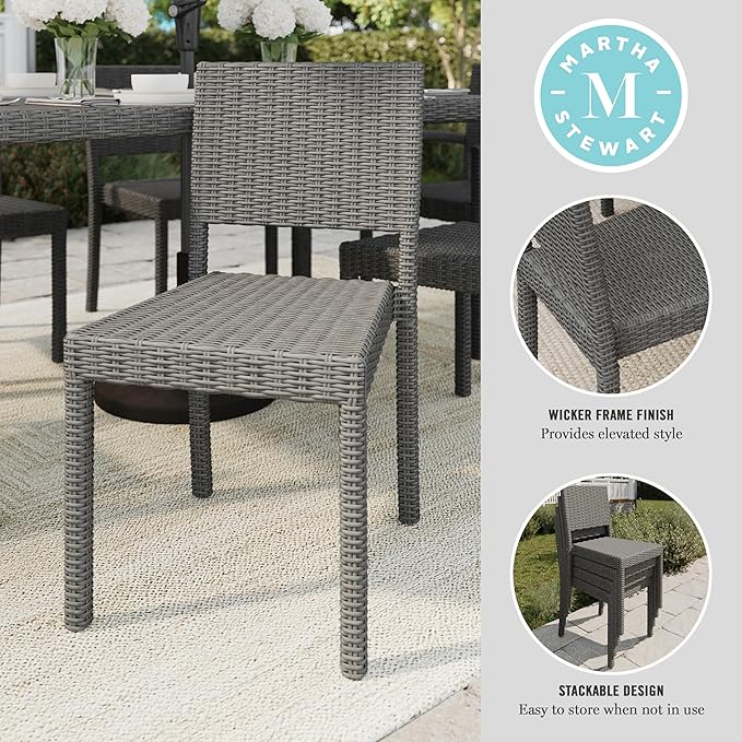 Martha Stewart Bedford Indoor-Outdoor Stackable Patio Chairs with Rattan Wicker Finish in Gray, Set of 2
