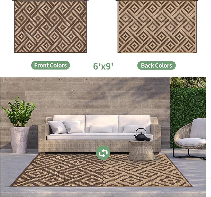 GENIMO Outdoor Rug, Waterproof Plastic Rugs for Patio, 6'x9' Coffee Brown | Outside Larger Modern Carpet Mat for Porch Decor, Deck, Balcony, Camping, RV, Backyard, Picnic, Beach, Reversible, Foldable