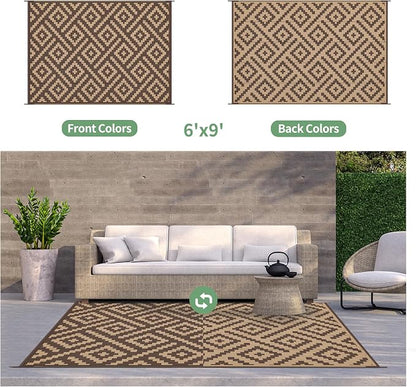 GENIMO Outdoor Rug, Waterproof Plastic Rugs for Patio, 6'x9' Coffee Brown | Outside Larger Modern Carpet Mat for Porch Decor, Deck, Balcony, Camping, RV, Backyard, Picnic, Beach, Reversible, Foldable