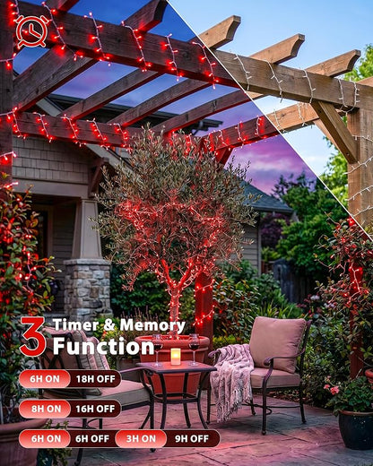 33FT 100 LED Red Christmas Valentine's Day Twinkle String Lights | Remote Control, 13 Modes with Memory, 4 Dimmable Brightness, 4 speed levels, Connectable, IP65 Waterproof, Transparent Wire