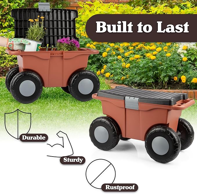 Pure Garden Rolling Garden Cart with Seat, Terracotta | Plastic Garden Bench with Tool Tray for Storage - Gardening Stool for Weeding or Planting