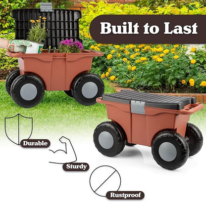 Pure Garden Rolling Garden Cart with Seat, Terracotta | Plastic Garden Bench with Tool Tray for Storage - Gardening Stool for Weeding or Planting
