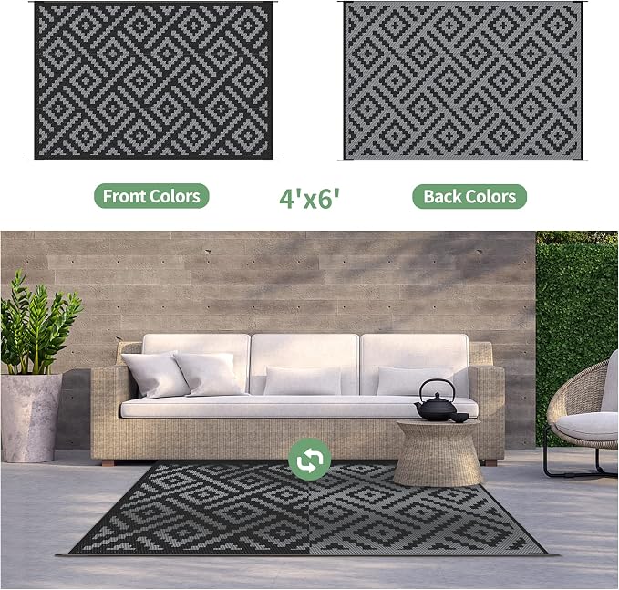 GENIMO Outdoor Rug 4x6 Waterproof, Reversible Mats, Outdoor Area Rug, Plastic Outside Carpet, Eeometric Rv Mat for Patio Camping Rv Picnic Backyard Deck Balcony Porch Beach (Black & Grey) | Outside Larger Modern Carpet Mat for Porch Decor, Deck, Balcon...