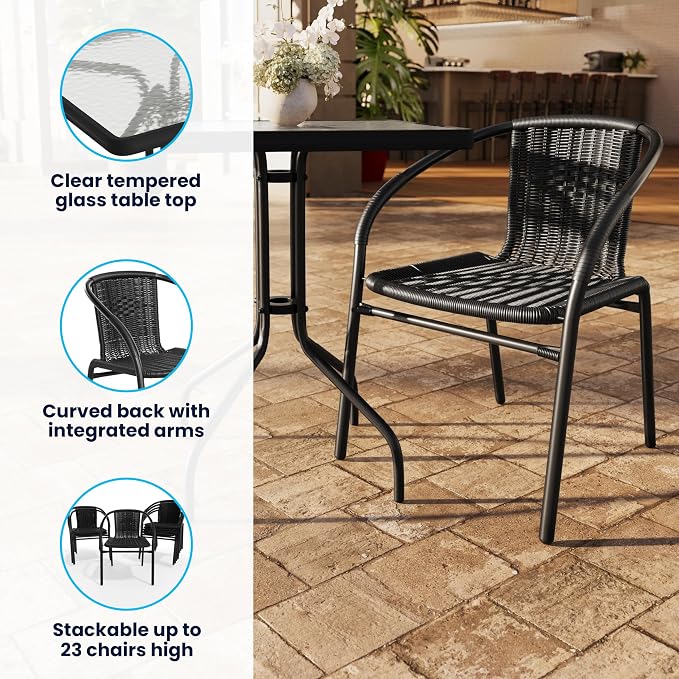 Flash Furniture Lila 23.5'' Square Glass Metal Table with 2 Black Rattan Stack Chairs | Durable Construction, Commercial Use