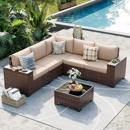 UDPATIO Patio Furniture Set, 8 Inch Armrest Outdoor Sectional Sofa with Wicker Coffee Table, 6 Piece Conversation for Garden, Backyard, Khaki