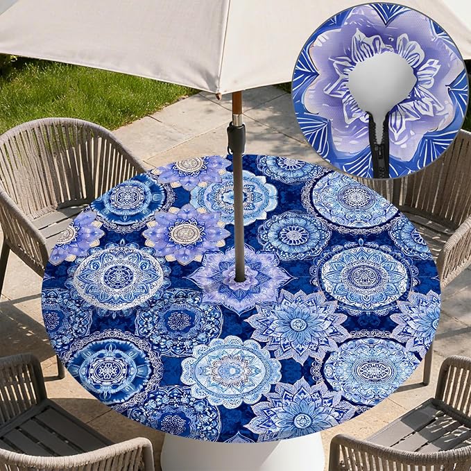 Outdoor Tablecloth with Umbrella Hole and Zipper Fits 61-65" Tables | Waterproof Round Fitted Tablecloth with Elastic Edge, Wipeable Outdoor Table Cover for Patio, Garden, Picnic