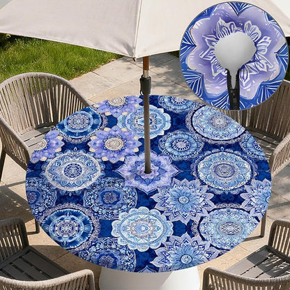 Outdoor Tablecloth with Umbrella Hole and Zipper Fits 61-65" Tables | Waterproof Round Fitted Tablecloth with Elastic Edge, Wipeable Outdoor Table Cover for Patio, Garden, Picnic