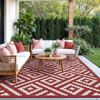 GENIMO Outdoor Rug, Waterproof Plastic Rugs for Patio, 6'x9' Red White | Outside Larger Modern Carpet Mat for Porch Decor, Deck, Balcony, Camping, RV, Backyard, Picnic, Beach, Reversible, Foldable