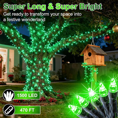 1500 LED 470FT Christmas String Lights Outdoor, 12 Pro Modes with Timer | with Memory & Brightness, Plug in Waterproof Dark Green Wire Twinkle Light for Xmas Yard Tree Wedding Party Decor (Green)