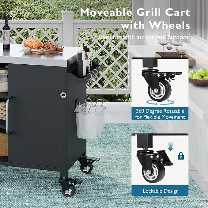 55.5" Outdoor Kitchen Island with Sink, Metal Grill Cart Table with 304 Stainless Steel Sink, Outdoor Bar Cart Sink Station with 4 Lockable Wheels and Storage Cabinet for BBQ Patio Garden (Black--@mi)