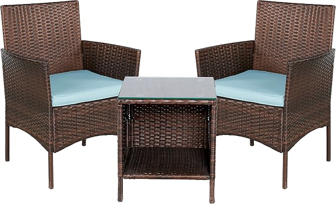 Outdoor Wicker Patio Conversation 3 Piece Bistro Set Garden Yard Porch Furniture Space Saving Rattan Two Chairs Cushions Side Storage Tempered Glass Table Brown 3pc Set