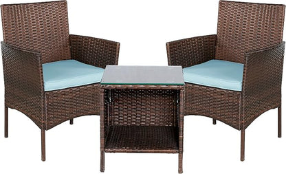 Outdoor Wicker Patio Conversation 3 Piece Bistro Set Garden Yard Porch Furniture Space Saving Rattan Two Chairs Cushions Side Storage Tempered Glass Table Brown 3pc Set