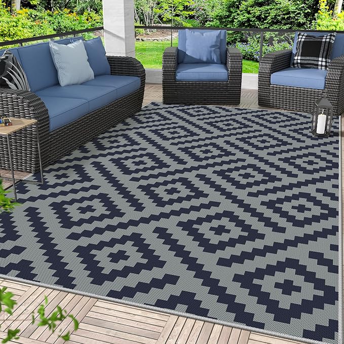 GENIMO Outdoor Rug, Waterproof Plastic Rugs for Patio, 6'x9' Cloud Blue | Outside Larger Modern Carpet Mat for Porch Decor, Deck, Balcony, Camping, RV, Backyard, Picnic, Beach, Reversible, Foldable