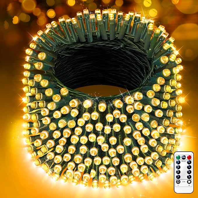 XURISEN 403FT 1000 LED Christmas Lights Outdoor Green Wire String Lights 8 Modes with Timer Memory Waterproof Fairy Lights Plug in for Xmas Tree Wedding Yard Party Holiday Decorations(Warm White)