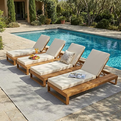 Merax 4-Piece Teak Finish Acacia Wood Chaise Lounge with 4-Inch Cream 2-Fold Cushion Set, 4-Position Adjustable Outdoor Patio Lounger with Flat Side Surface, for Poolside