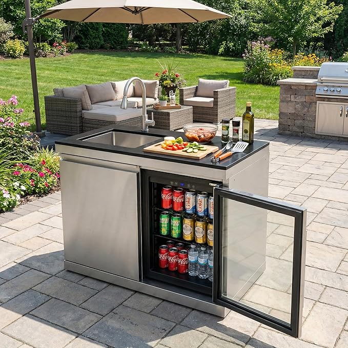 84" Deluxe Outdoor Kitchen Bar and BBQ Island Grill with 6 Burner, 75300 BTU Stainless Steel Grill, Integrated Sink, Wine Cooler, Refrigerator, Granite Countertops, and Rotisserie Kit