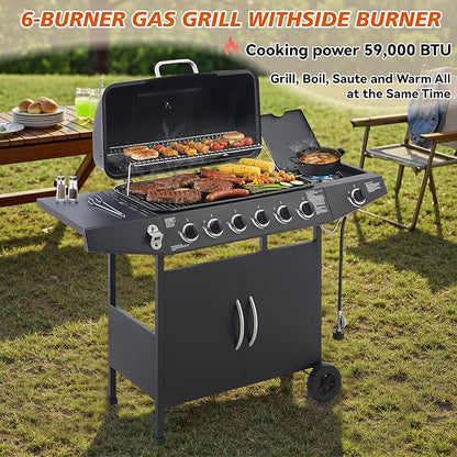 Outdoor Gas Grill with 6 Burners & Side Burner 59000 BTU Stainless Steel BBQ Grill Enamel-Coated Grates Side Tables for Backyard Patio Cooking Charcoal Grills & Smokers,A3