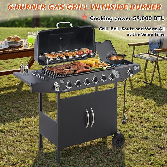 Outdoor Gas Grill with 6 Burners & Side Burner 59000 BTU Stainless Steel BBQ Grill Enamel-Coated Grates Side Tables for Backyard Patio Cooking Charcoal Grills & Smokers,A3