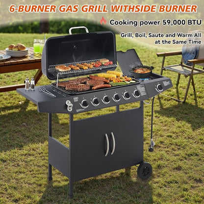 53" Stainless Steel Outdoor Kitchen BBQ Island Grill with LPG Black | 6 Burner 59000 BTU Enamel-Coated Grates and Side Tables for Outdoor Cooking Kitchen and Patio Backyard