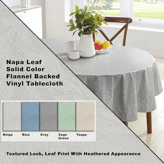 Newbridge Napa Leaf Grey Vinyl Flannel Backed Tablecloth, 60 x 84 Inch Oval, Hotel Quality Waterproof Indoor Outdoor Table Cover for Kitchen, Patio, Dining, BBQ