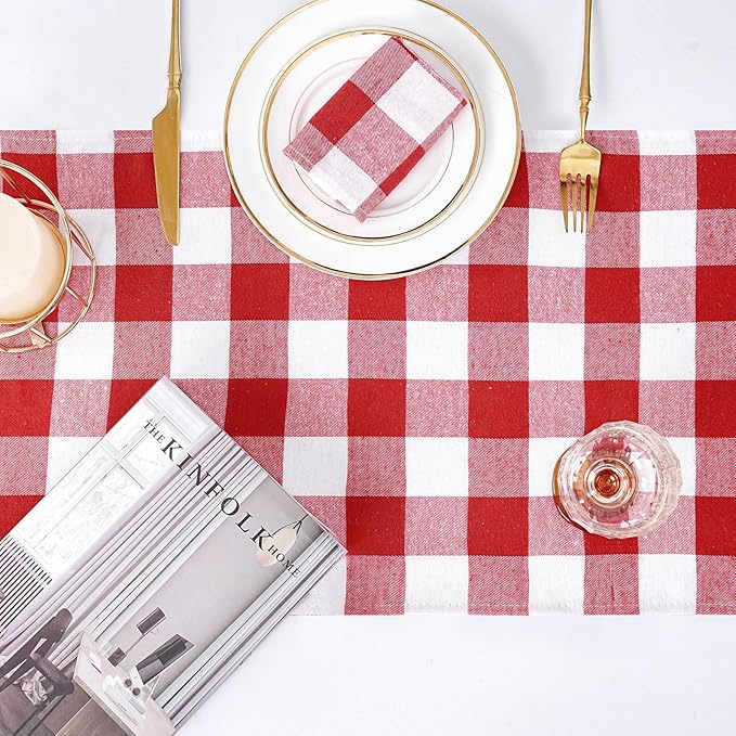 Red Plaid Table Runner Valentines Checkered Fabric Cover 13x108 Inch 2 Packs Table Cloths Centerpieces Party Picnic Decorative Gingham Rectangle Red and White Checkered Linen Decorations