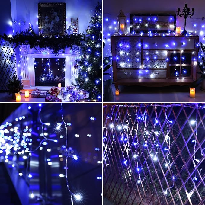Joomer 19FT Christmas Icicle Lights Outdoor Connectable White & Blue | 30 Drops 8 Modes Timer Waterproof Plug-in String Light for Christmas Party, holiday Eaves Roof yard Xmas Decorations