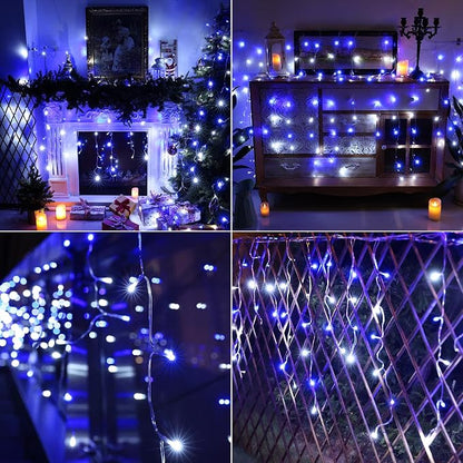 Joomer 19FT Christmas Icicle Lights Outdoor Connectable White & Blue | 30 Drops 8 Modes Timer Waterproof Plug-in String Light for Christmas Party, holiday Eaves Roof yard Xmas Decorations