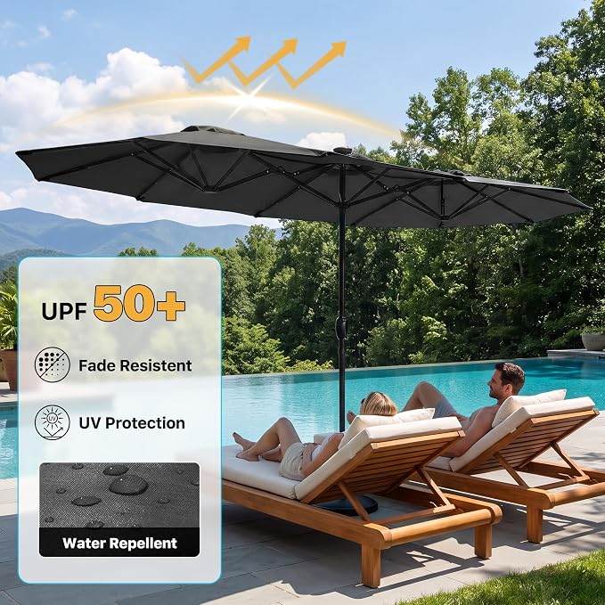 REE SOLDIER 13ft Double Sided Patio Umbrella with Solar Lights (Dark Gray) | Waterproof Fade-Resistant Fabric, Rust-Proof Aluminum Pole, Crank Tilt Adjustment, Ideal For Garden, Yard, Pool, Patio