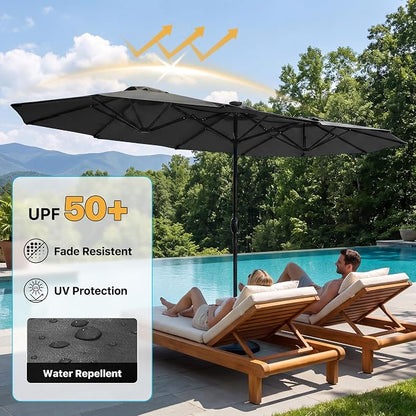 REE SOLDIER 13ft Double Sided Patio Umbrella with Solar Lights (Dark Gray) | Waterproof Fade-Resistant Fabric, Rust-Proof Aluminum Pole, Crank Tilt Adjustment, Ideal For Garden, Yard, Pool, Patio