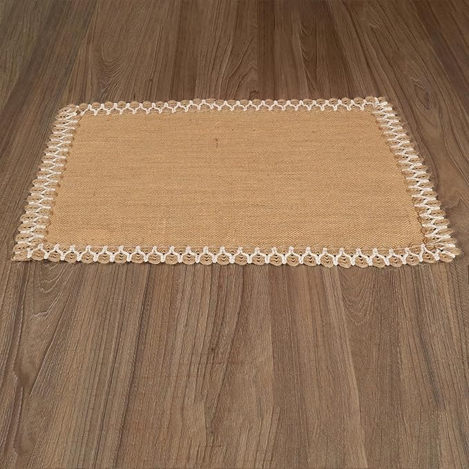 Hausattire Jute Burlap Placemat 14x14 Inches - Natural, Lace Design Edges Table Mats for Bar Table Indoor Outdoor Rustic Easter Farmhouse Kitchen Coffee Dinner Table Decor Mats - Set of 4