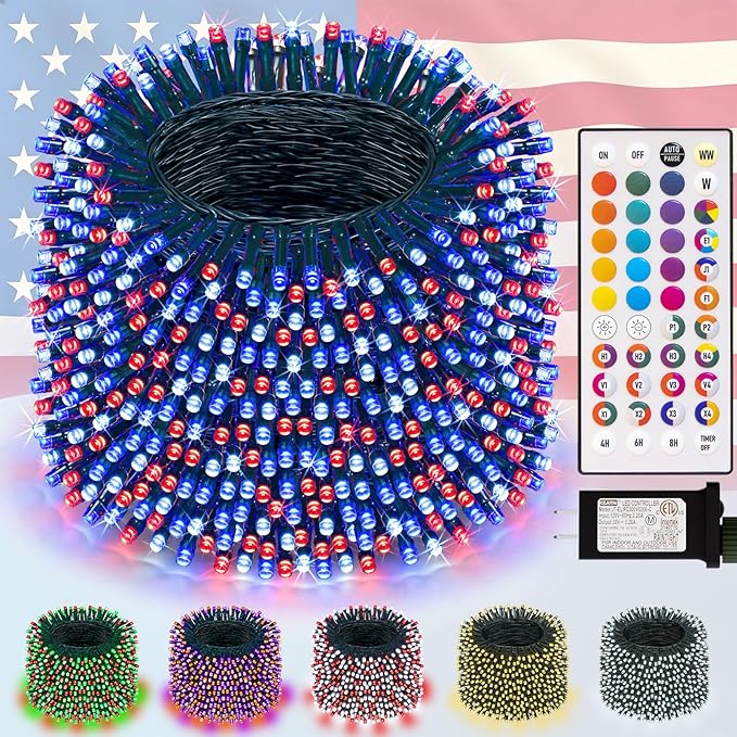 LitHome 300LED Color Changing Christmas String Lights Outdoor, 35 Colors 9 Modes Red White Blue String Lights with Remote, Connectable 4th of July Light plug in for Independence Day Indoor Party Decor