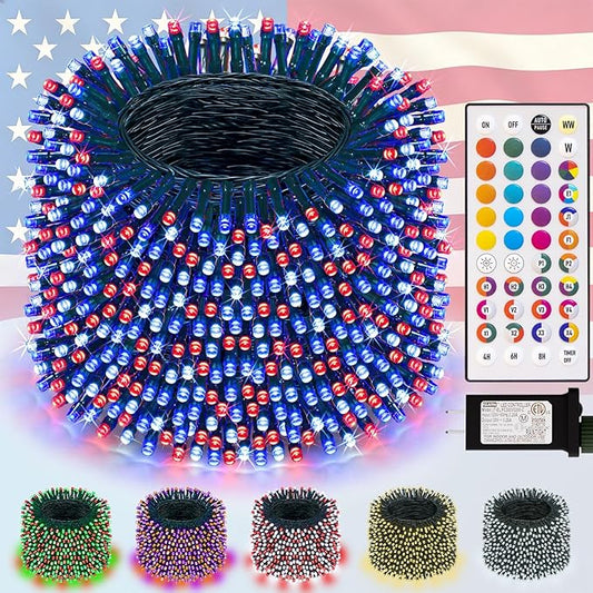 LitHome 300LED Color Changing Christmas String Lights Outdoor, 35 Colors 9 Modes Red White Blue String Lights with Remote, Connectable 4th of July Light plug in for Independence Day Indoor Party Decor