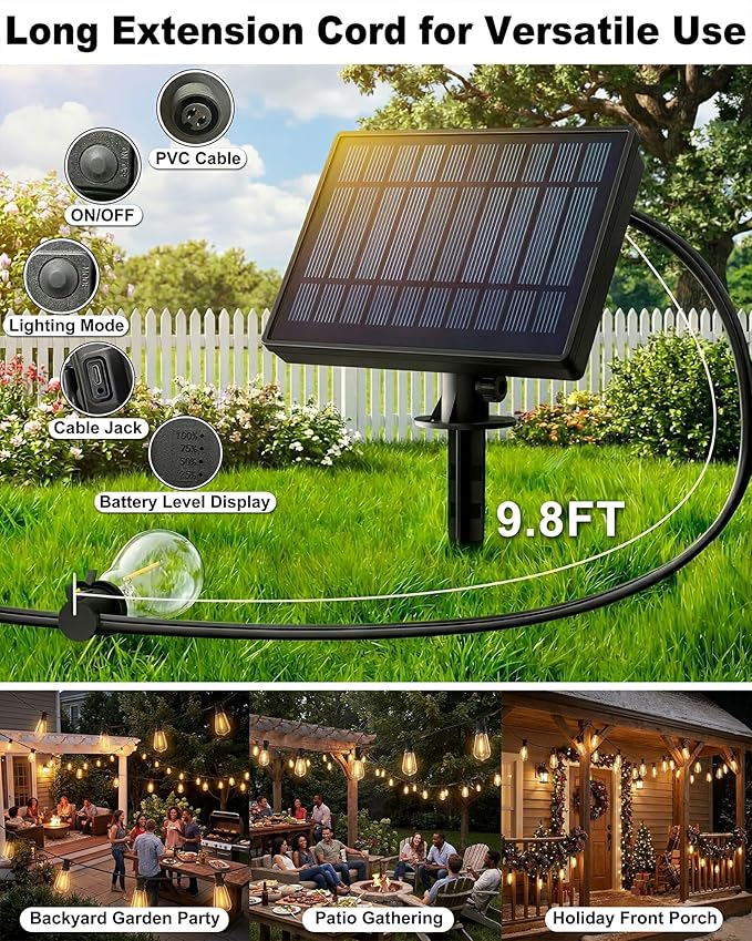 Solar String Lights Waterproof, 162FT(72+3) ST38 Outdoor Lights with Remote, Dimmable, Timer, 3 Light Modes, USB & Solar Patio Lights for Backyard, Yard, Garden, Gazebo, Fence (2700K)