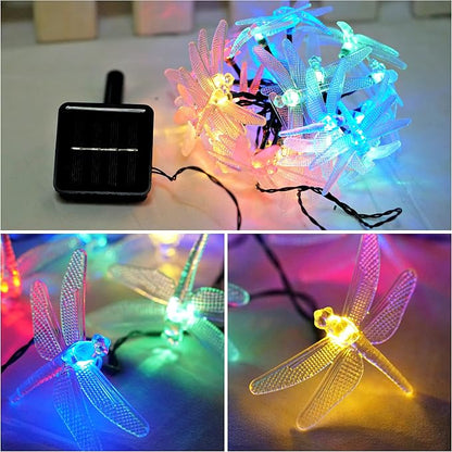 Solar Dragonfly String Light 30LED 21ft Garden Stake Lights Waterproof Outdoor Twinkle Fairy Lights with 8 Lighting Modes for Trees Patio Fence Christmas Decor (Multi-Colored)