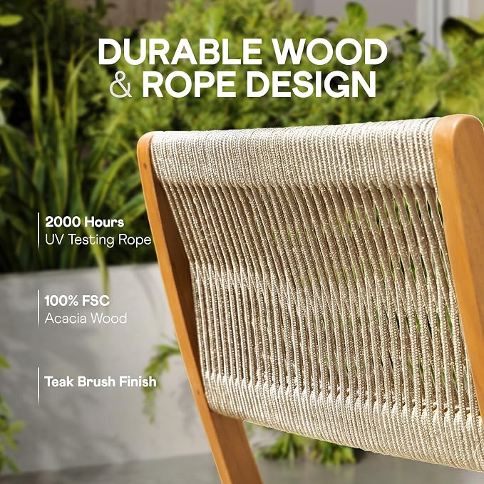Wood Rope Design Bistro Chairs, Folding Patio Set of 2 Chairs – Heavy-Duty 400lbs Capacity Outdoor Seating for Balcony, Garden, or Porch