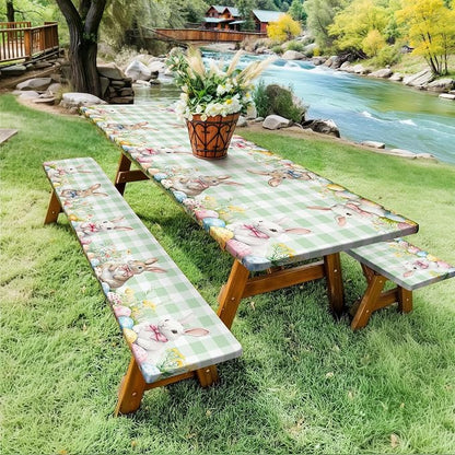 Easter Picnic Table Cover with Bench Covers, Camping Essentials, Easter Buffalo Plaid Rabbit Eggs Flower Outdoor Table Covers, Waterproof, Fitted Tablecloth Cover with Elastic Edge, 3 PCS, 30x96 Inch