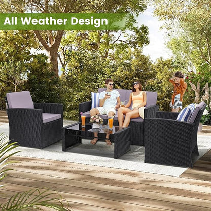 KROFEM 4-Piece Patio Furniture Set, Wicker Outdoor Rattan Sectional Sofa with Cushions and Glass Table, All-Weather Outdoor Conversation Set for Garden, Porch, Backyard, Patio, Black and Grey