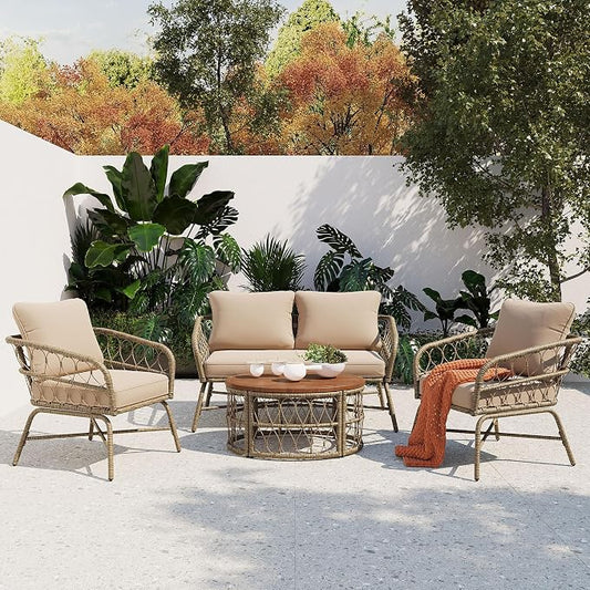 VilroCaz Bohemia-Inspired 4-Person Outdoor Seating Group with Loveseat, 2 Chairs and Table, All Weather Conversation Patio Set with Wood Tabletop and Washable Cushions for Backyard Poolside Garden