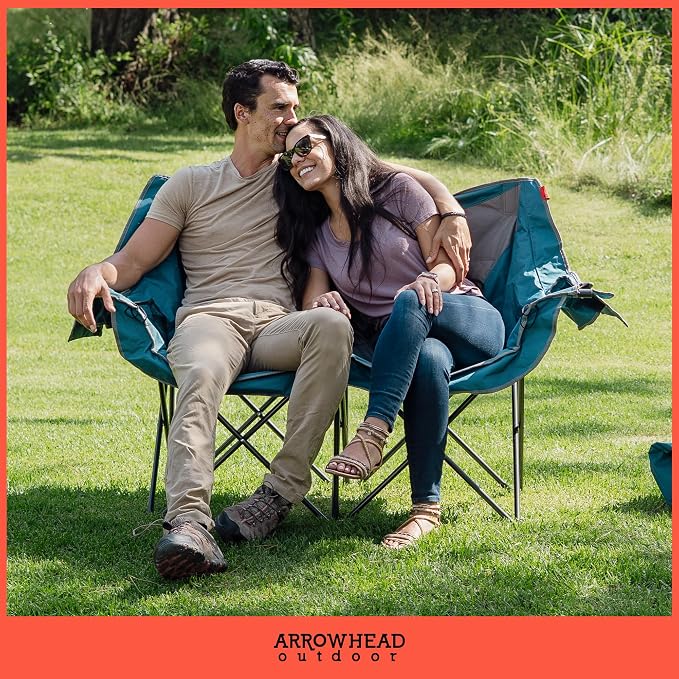 ARROWHEAD OUTDOOR 57 in Wide Duo Foldable Heated Camping Loveseat Chair | 57 in, 3-Stage Heating, Large Cup Holders, Glass Holders, Side Pockets, and Storage Pouches, and Grey, Beach, Tailgating