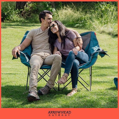 ARROWHEAD OUTDOOR 57 in Wide Duo Foldable Heated Camping Loveseat Chair | 57 in, 3-Stage Heating, Large Cup Holders, Glass Holders, Side Pockets, and Storage Pouches, and Grey, Beach, Tailgating