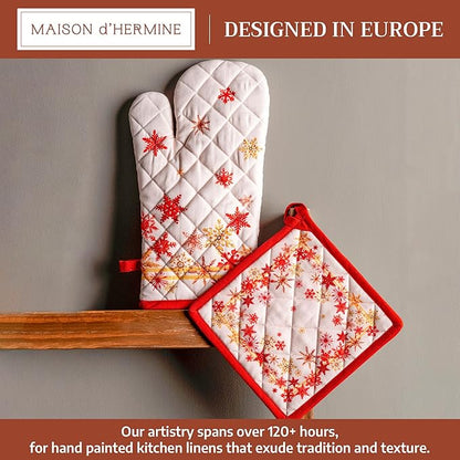 Maison d' Hermine 100% Cotton Oven Mitt & Pot Holder Set (7.5"x13" & 8"x8") Heat Resistant BBQ Cooking Gloves with Loop for Thanksgiving Christmas Decorations Handling Hot Pans (Crystal Star)