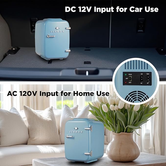 IceBox 4-Liter Mini Fridge Cooler/Warmer, IBMF4SLT, Slate Blue | Portable Refrigerator Holds 6 Cans, Compact for Skincare, Beverages and Food, Includes 120V AC and 12V Car Adapters