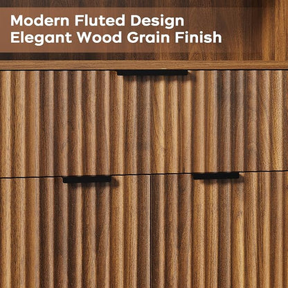 Fluted Buffet Cabinet with Storage, Modern Coffee Bar Cabinet | With Drawer & Adjustable Shelf, Wood Sideboard Cabinet for Kitchen, Bathroom, Entryway and Living Room Walnut