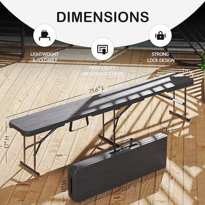 VSOAEIL 6 Foot Folding Bench 2 Pack, Foldable Plastic Bench Indoor Outdoor | 6 Feet Portable Bench Seating with Handle and HDPE Tabletop - Party, Dining, Picnic, Camping, Sports, Temporary Events, Black