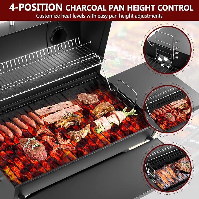 Barrel Charcoal Grill, 554 Sq. In. Large Outdoor BBQ Grill | 4-position adjustable charcoal pan, thermometer, warming rack, front shelf, folding side table, wheels and storage rack