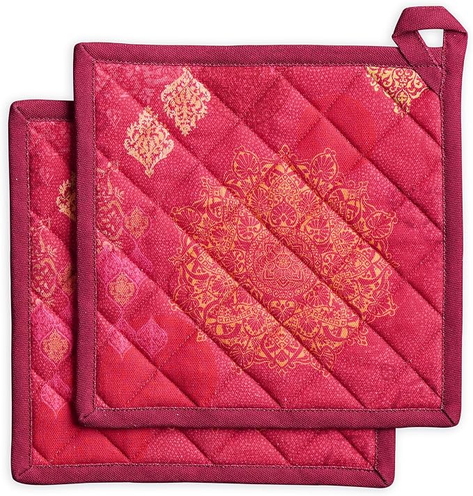 Maison d' Hermine Pot Holders 100% Cotton Potholders (8" x 8", Pack of 2) | Heat Resistant Hot Pads with Loop BBQ Cooking Baking Hotel Kitchen Handling Hot Pans Thanksgiving Christmas - Versailles