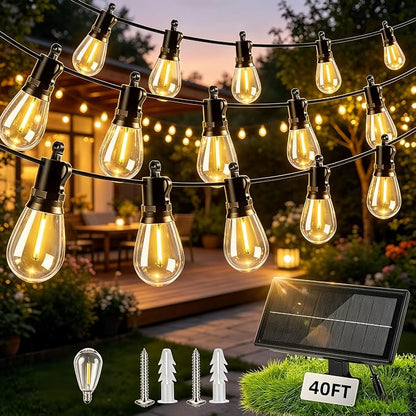 Solar Lights Outdoor, 40FT S14 LED IP65 Waterproof Patio Lights | 13 Shatterproof Edison Bulbs Hanging Light, Solar or USB Charging, 3 Lighting Modes for Backyard Porch Party Decor Warm White