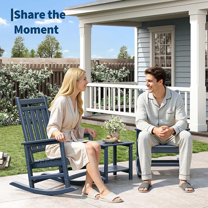 Garvee HDPE Rocking Chair Outdoor Set of 2 with Side Table - Poly High Back Porch Rocker Chairs for Adults - All Weather Resistant Furniture for Patio Front Porch - Navy Blue